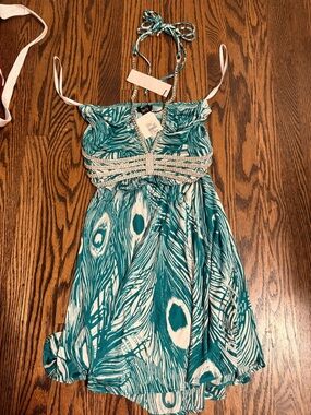 Sky Turquoise & White Beaded Halter Sundress xsmall